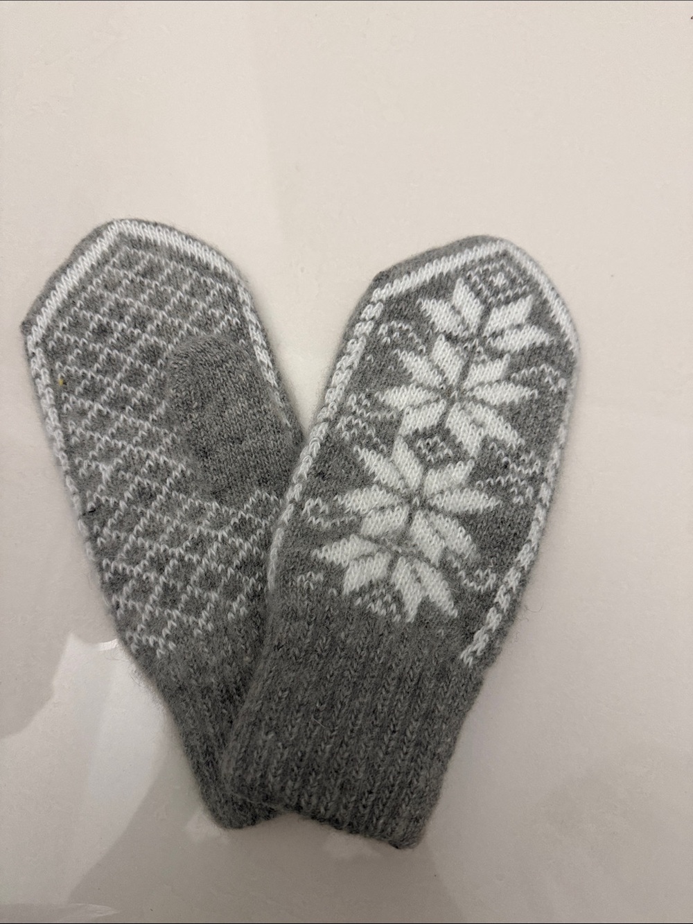 Gray Wool Mittens with White Snowflake Pattern